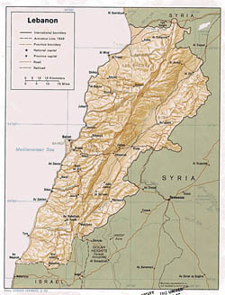 Detailed political and administrative map of Lebanon with relief - 1982.