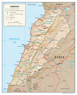 Large detailed political and administrative map of Lebanon with relief, roads and cities - 2002.