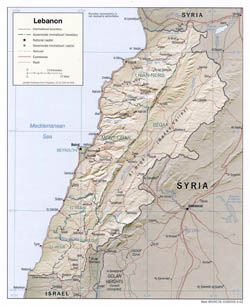 Large political and administrative map of Lebanon with relief - 2002.