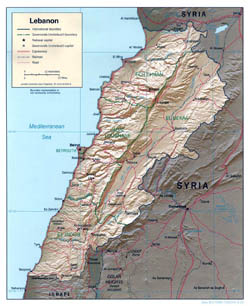 Large political and administrative map of Lebanon with relief, roads and cities - 2000.