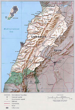 Large political map of Lebanon with relief.