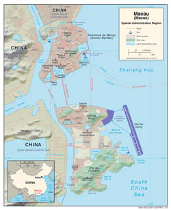 Large detailed political map of Macao with relief, roads and sea ports - 2008.