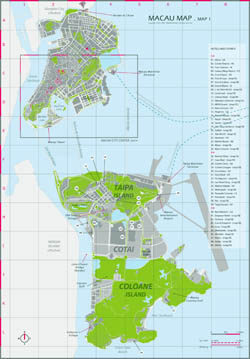 Large hotels and casinos map of Macau.
