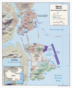 Large political map of Macau with relief and roads - 2008.