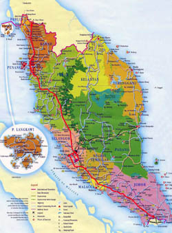 Detailed tourist and administrative map of West Malaysia with roads, cities and airports.