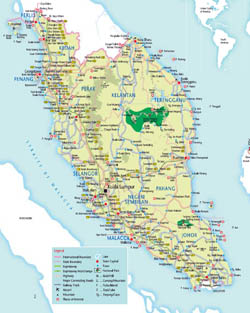 Detailed tourist map of West Malaysia with roads, cities and airports.