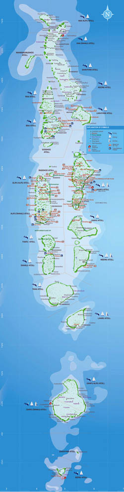 Large map of Maldives with atolls, resorts and activities details.