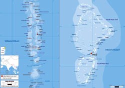 Large physical map of Maldives with airports.