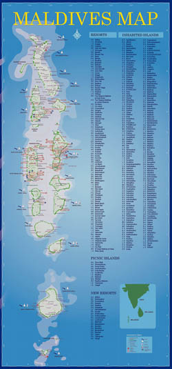 Large tourist map of Maldives with all resorts.