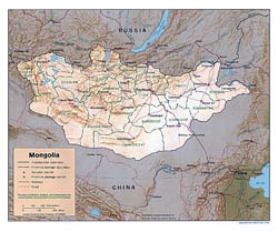 Detailed political and administrative map of Mongolia with relief, roads and major cities - 1996.