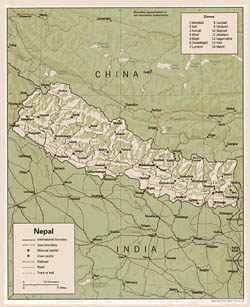 Detailed political and administrative map of Nepal with relief, roads and major cities - 1990.