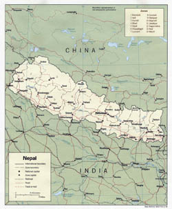 Detailed political and administrative map of Nepal with roads and major cities - 1990.