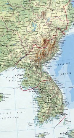 Detailed map of Korean Peninsula with relief, roads and major cities.