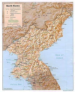 Detailed political and administrative map of North Korea with relief, roads and cities - 1996.