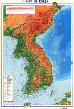 Large detailed physical map of Korean Peninsula with roads and cities.