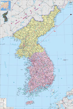 Large detailed political map of Korea.