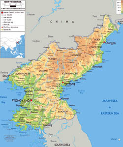 Large physical map of North Korea with roads, cities and airports.