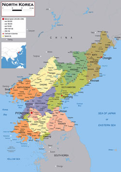 Large political and administrative map of North Korea (DPRK) with roads, airports and cities.