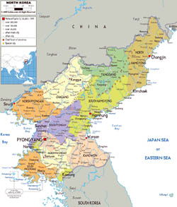 Large political and administrative map of North Korea with roads, cities and airports.