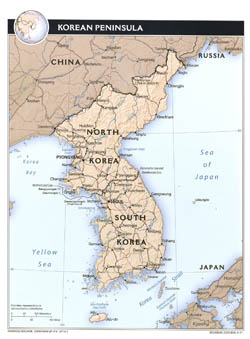 Large political map of Korean Peninsula with relief, roads and major cities - 2011.
