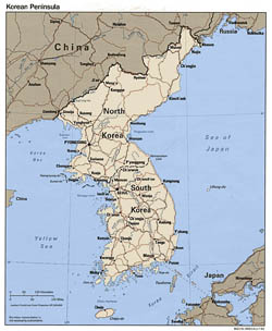 Large political map of Korean Peninsula with roads and major cities - 1993.