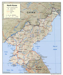 Large political map of North Korea with relief, roads and cities - 2005.