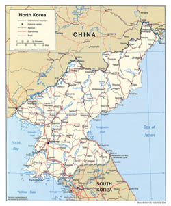 Large political map of North Korea with roads and cities - 2005.