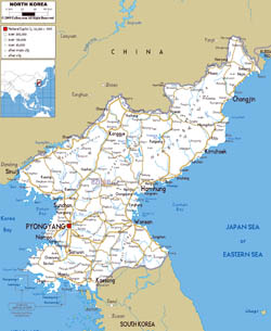 Large road map of North Korea with cities and airports.