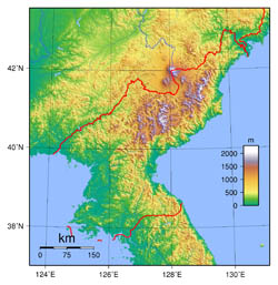 Large topographical map of North Korea.