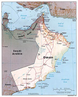 Detailed political map of Oman with relief, roads and cities - 1996.