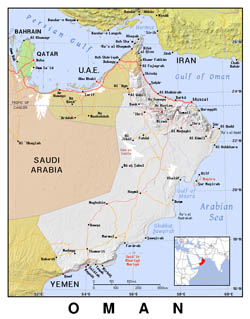 Detailed political map of Oman with relief.