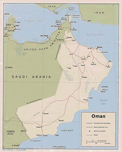 Detailed political map of Oman with roads and cities - 1979.