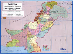 Detailed administrative divisions map of Pakistan.