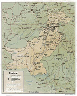 Detailed political and administrative map of Pakistan with relief, roads and cities - 1991.