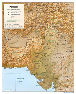Detailed political and administrative map of Pakistan with relief, roads and cities - 1996.