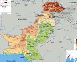 Large physical map of Pakistan with roads, cities and airports.