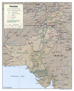 Large political and administrative map of Pakistan with relief, roads and cities - 2002.