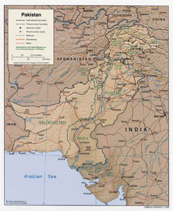 Large political and administrative map of Pakistan with relief, roads and cities - 2009.
