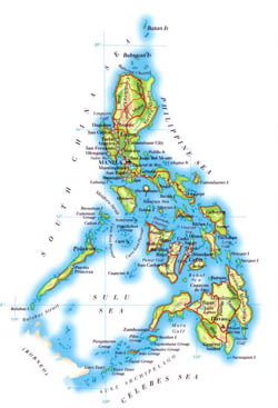 Detailed elevation map of Philippines with roads, cities and airports.