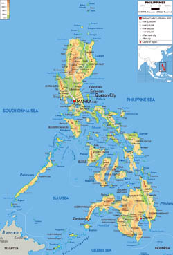 Large physical map of Philippines with roads, cities and airports.