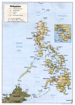 Large political map of Philippines with relief, roads and cities - 1993.