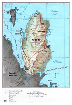 Large political map of Qatar with relief, roads and cities.