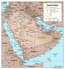 Detailed political and administrative map of Saudi Arabia with relief, roads and major cities - 2003.