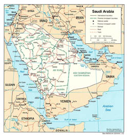 Detailed political and administrative map of Saudi Arabia with roads and major cities - 2003.