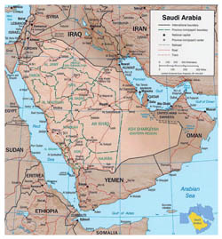 Detailed political map of Saudi Arabia with relief, roads and cities.