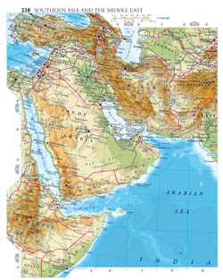 Large detailed elevation map of Southern Asia and Middle East.