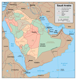 Large detailed political and administrative map of Saudi Arabia with roads and major cities.