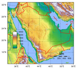 Large topographical map of Saudi Arabia.