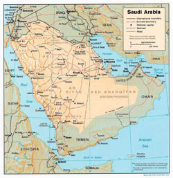 Political and administrative map of Saudi Arabia with relief, roads and major cities - 1991.