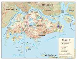 Large detailed political map of Singapore with relief, roads, airports and seaports - 2005.